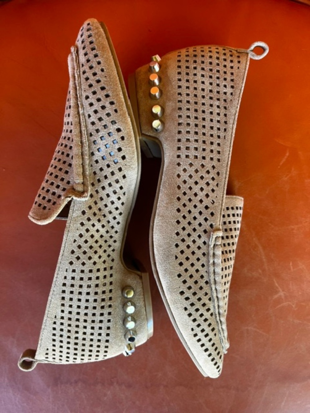 Beast Fashion - Tan Soft Faux Suede - Pointed Toe Perforated Loafers - Size 8.5
